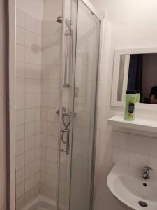 a shower with a glass door in a bathroom at Studio Glacière in Paris