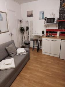 a living room with a couch and a kitchen at Studio Glacière in Paris