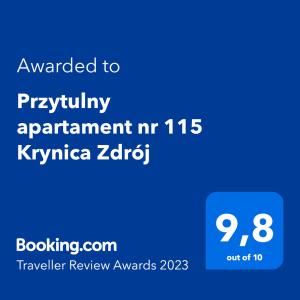 Certyfikat, podpis lub inny dokument wystawiony w obiekcie Przytulny apartament nr 115 Krynica Zdrój