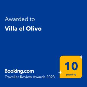 Certifikát, ocenenie alebo iný dokument vystavený v ubytovaní Villa el Olivo