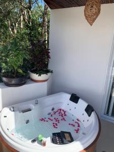 a bath tub filled with water with flowers in it at Villa Morena Boutique Hotel Ecoliving in Akumal