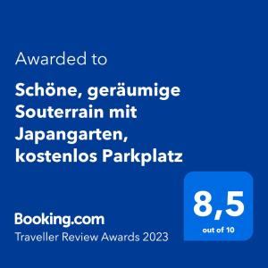 Ein Zertifikat, Auszeichnung, Logo oder anderes Dokument, das in der Unterkunft Schöne, geräumige Souterrain mit Japangarten, kostenlos Parkplatz ausgestellt ist