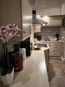 una cocina con un jarrón de flores en un mostrador en Double bedroom with en-suite bathroom in Chelsea - central London - share apartment en Londres