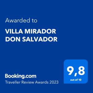 Certifikát, hodnocení, plakát nebo jiný dokument vystavený v ubytování VILLA MIRADOR DON SALVADOR