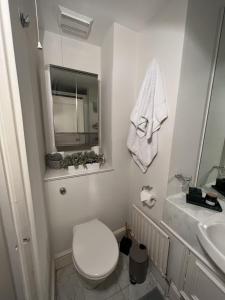 Baño blanco con aseo y lavamanos en Double bedroom with en-suite bathroom in Chelsea - central London - share apartment en Londres