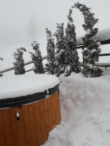 una valla cubierta de nieve con árboles en el fondo en Domek Góralski Piwowarówka, en Piwniczna-Zdrój