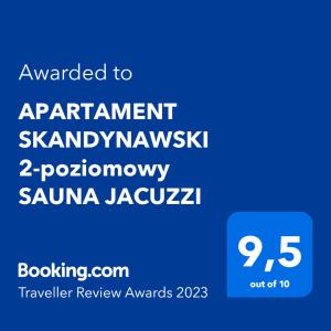 Certifikát, ocenenie alebo iný dokument vystavený v ubytovaní APARTAMENT SKANDYNAWSKI 2-poziomowy SAUNA JACUZZI