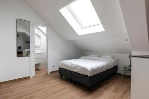 biała sypialnia z łóżkiem i świetlikiem w obiekcie IMMOBILIARE Lux Tram w Luksemburgu