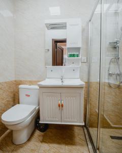 ein Bad mit einem WC, einem Waschbecken und einer Dusche in der Unterkunft City Inn Nizami Boutique Hotel in Baku