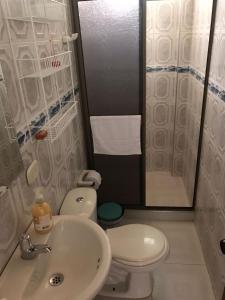 y baño con lavabo, aseo y ducha. en Casa Campestre Villa del Lago en Guaduas