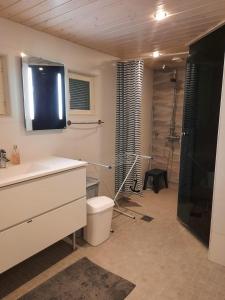 a bathroom with a sink and a shower at Villa Mustikka, Messilä in Tiirismaa