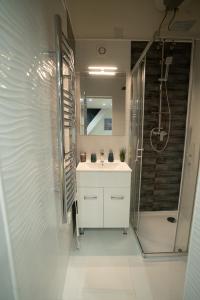 bagno con lavandino bianco e doccia di Suzan's apartment in the heart of Budapest a Budapest