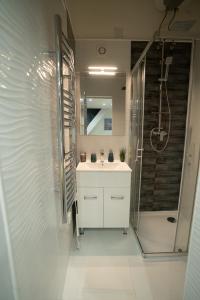 a bathroom with a white sink and a shower at Suzan's apartment in the heart of Budapest in Budapest