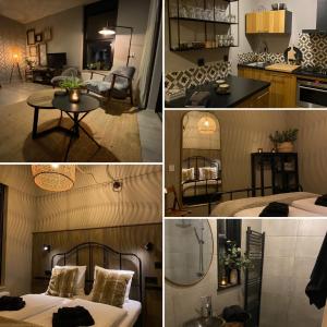 un collage de fotos de una habitación con cama y mesa en Huusje18, en Nunspeet
