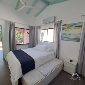 a bedroom with a white bed and two windows at Tropical Garden Hotel in Jacó
