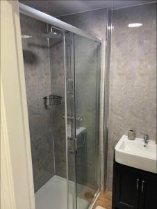 a shower with a glass door next to a sink at Poppy’s Place in Llandudno Junction