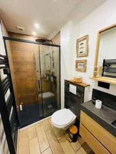 La salle de bains est pourvue de toilettes et d'une douche en verre. dans l'établissement Saint Malo - Jolie Maison avec Jacuzzi 150m gare, à Saint-Malo