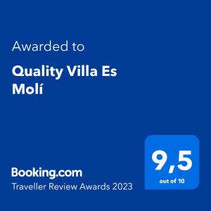 a blue screen with the text awarded to quality villa mitt at Quality Villa Es Molí in Porreres
