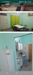 two pictures of a kitchen with a refrigerator and a table at La Trinidad San Luis, La Punta in La Punta