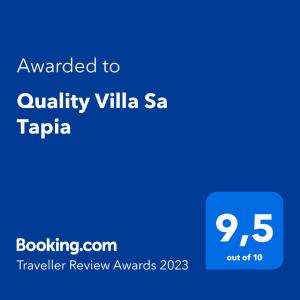 Certifikát, hodnocení, plakát nebo jiný dokument vystavený v ubytování Quality Villa Sa Tapia