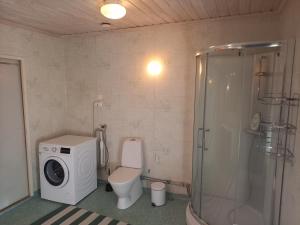 a bathroom with a washing machine and a toilet at Lägenhet centrala Sollerön in Sollerön