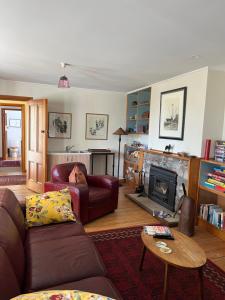 sala de estar con sofá y chimenea en The Old Vicarage, en Reefton