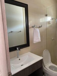 a bathroom with a sink and a toilet and a mirror at Hotel Castillo del Mar in Ríohacha