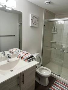 a bathroom with a toilet and a sink and a shower at Cozy Private 1 bedroom basement suite - free parking and free Wifi in Winnipeg