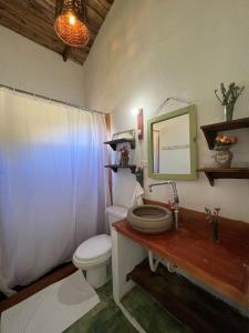 a bathroom with a toilet and a sink and a mirror at La Casita de Charo 2 in Constanza