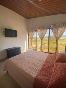 ein Schlafzimmer mit einem Bett und einem großen Fenster in der Unterkunft Cabañas Villa Victoria in Sutamarchán