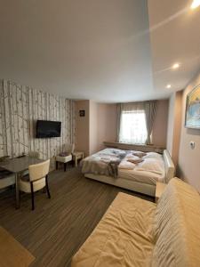 ein Schlafzimmer mit einem Bett, einem Schreibtisch und einem Fernseher in der Unterkunft Apartments Konaci Kopaonik in Kopaonik