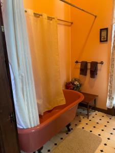 a bathroom with a bath tub with a shower curtain at Grand Gables Inn in Palatka