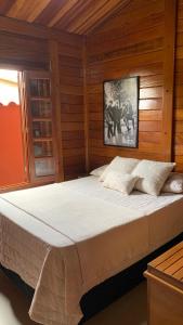 1 dormitorio con 1 cama grande y paredes de madera en Pousada Chateau Pireneus, en Pirenópolis