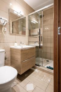 ein Bad mit einer Dusche, einem Waschbecken und einem WC in der Unterkunft La Sérénité Urbaine in Bischheim