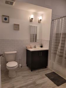 a bathroom with a toilet and a sink and a shower at Insta worthy 2 Bd/2 Ba in Bound Brook in Bound Brook