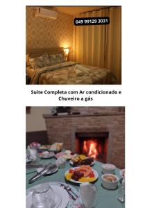 Cette chambre dispose d'une table avec de la nourriture et d'une cheminée. dans l'établissement Pousada Encantos da Serra, à Bom Jardim da Serra