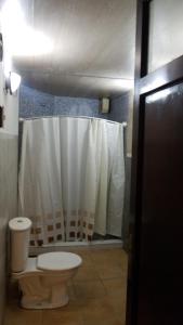 a bathroom with a toilet and a shower curtain at Montevideo Apartamento centro a estrenar comodo in Montevideo
