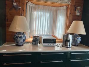 encimera de cocina con 2 lámparas y microondas en 山中湖湖畔高級ログハウス 充電富士168 en Yamanakako
