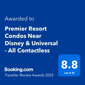 Certifikát, hodnocení, plakát nebo jiný dokument vystavený v ubytování Premier Resort Condos Near Disney & Universal