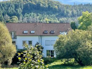 une maison blanche avec une montagne en arrière-plan dans l'établissement Ferienwohnung Westerwaldblick Haiger, à Haiger