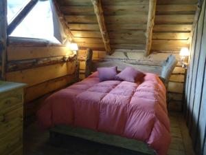 une chambre avec un lit dans une cabane en bois dans l'établissement Cabaña Mirador del Valle, à Lago Puelo