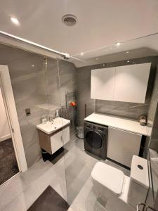 a bathroom with a sink and a washing machine at Cerrkuss Stays in London