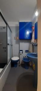 La salle de bains est pourvue de 2 toilettes bleues et d'un lavabo. dans l'établissement Vista verde encantadora, à Buenos Aires