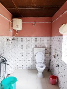 a bathroom with a toilet and a pink wall at Dilpali Home Cum Farm stay in Sukhia Pokhari