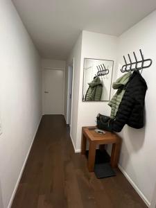 a hallway with a table in a room at Walensee Apartment, Lake & Alpine Dream in Unterterzen