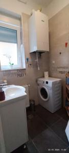 uma casa de banho com um lavatório e uma máquina de lavar roupa em Apartman Zelengaj em Zagreb