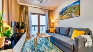 salon z kanapą i telewizorem w obiekcie Apartament D19 z Basenem, Sauną, Jacuzzi Green Park Resort - 5D Apartments w Szklarskiej Porębie