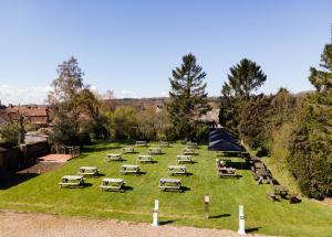 a group of picnic tables on the grass in a field at The Queen Victoria in Snettisham