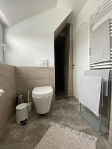 Baño blanco con aseo y lavamanos en Ferienwohnung Ipsheim Zentral, en Ipsheim