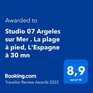 Certifikát, ocenenie alebo iný dokument vystavený v ubytovaní Studio 07 Argeles sur Mer . La plage à pied, L'Espagne à 30 mn